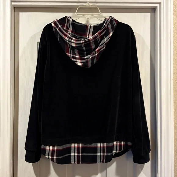 Sanctuary Black Hoodie with Plaid Accents soft velvet feel size L like new - Picture 3 of 6
